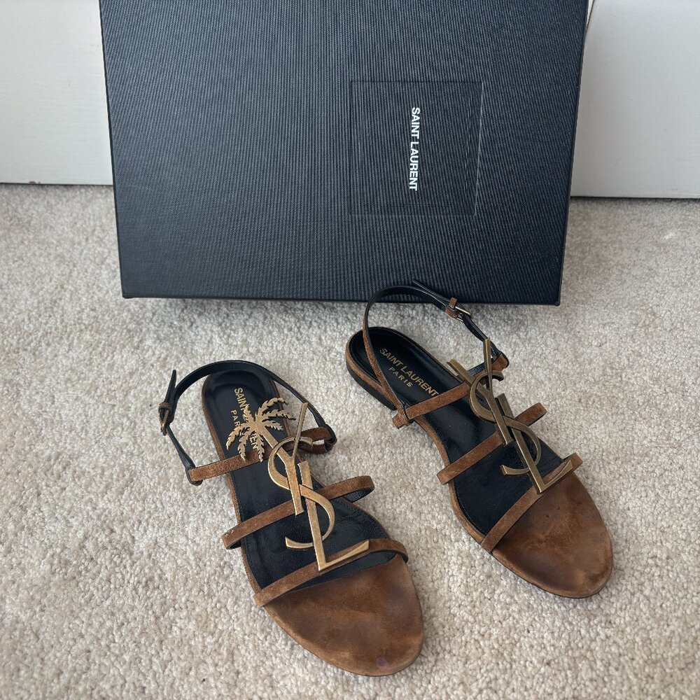 SAINT LAURENT women brown suede Cassandra flat sandal with YSL logo